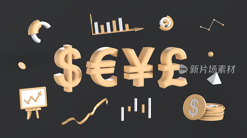 Dollar, euro, british pound and yen symbols next to abstract charts, arrows and graphs on a dark background. 3D rendering. Financial concept. Currency market